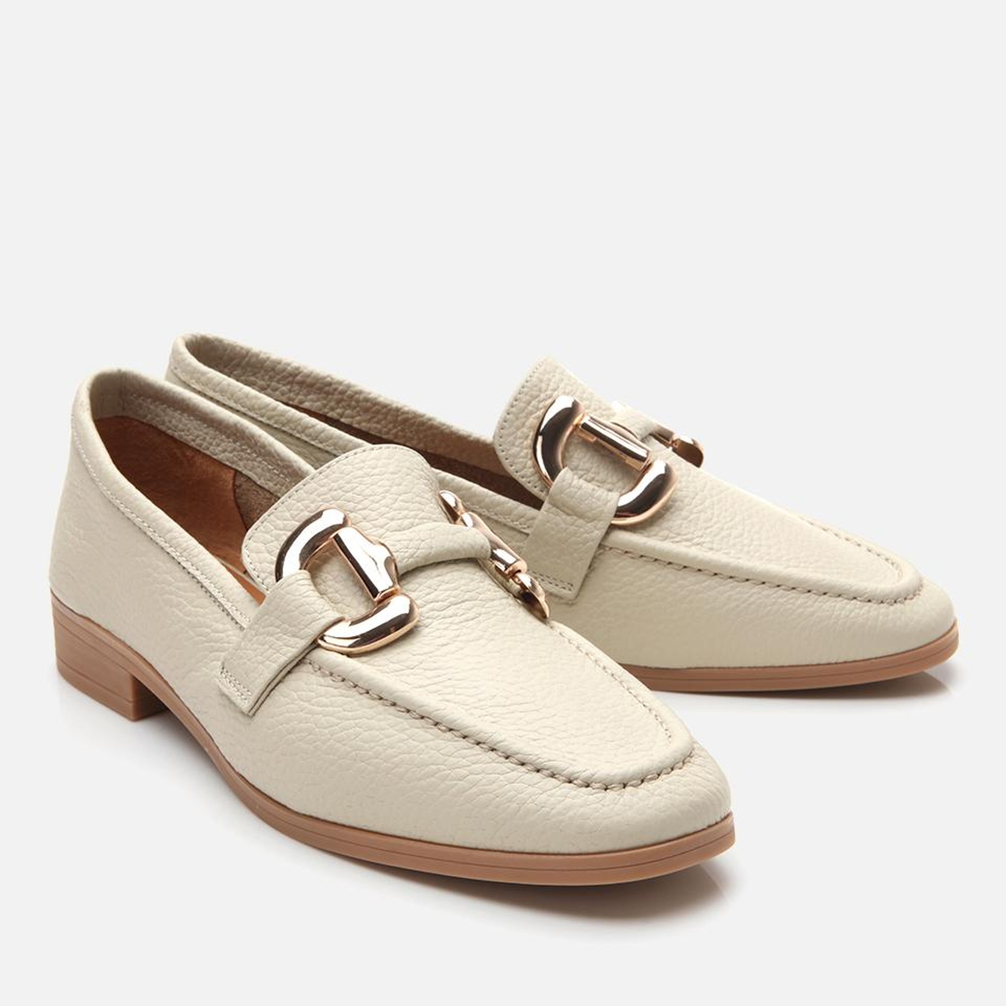 Kadın Deri Ekru Tokalı Günlük Loafer