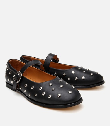  Kadın Deri Siyah Taşlı Babet