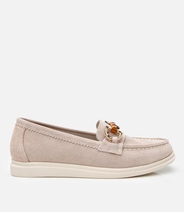  Kadın Süet Deri Bej Tokalı Günlük Loafer