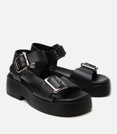  Kadın Deri Siyah Kemerli Dolgu Topuklu Sandalet