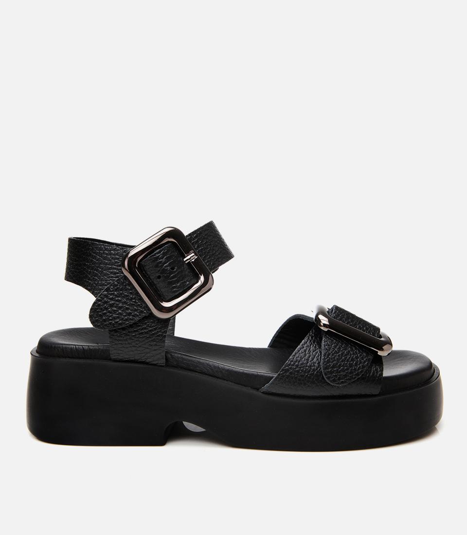  Kadın Deri Siyah Kemerli Dolgu Topuklu Sandalet