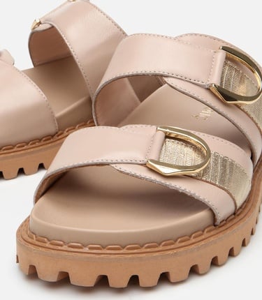  Kadın Deri Bej Tokalı Düz Terlik