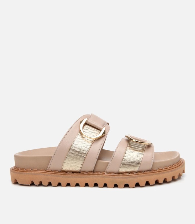  Kadın Deri Bej Tokalı Düz Terlik