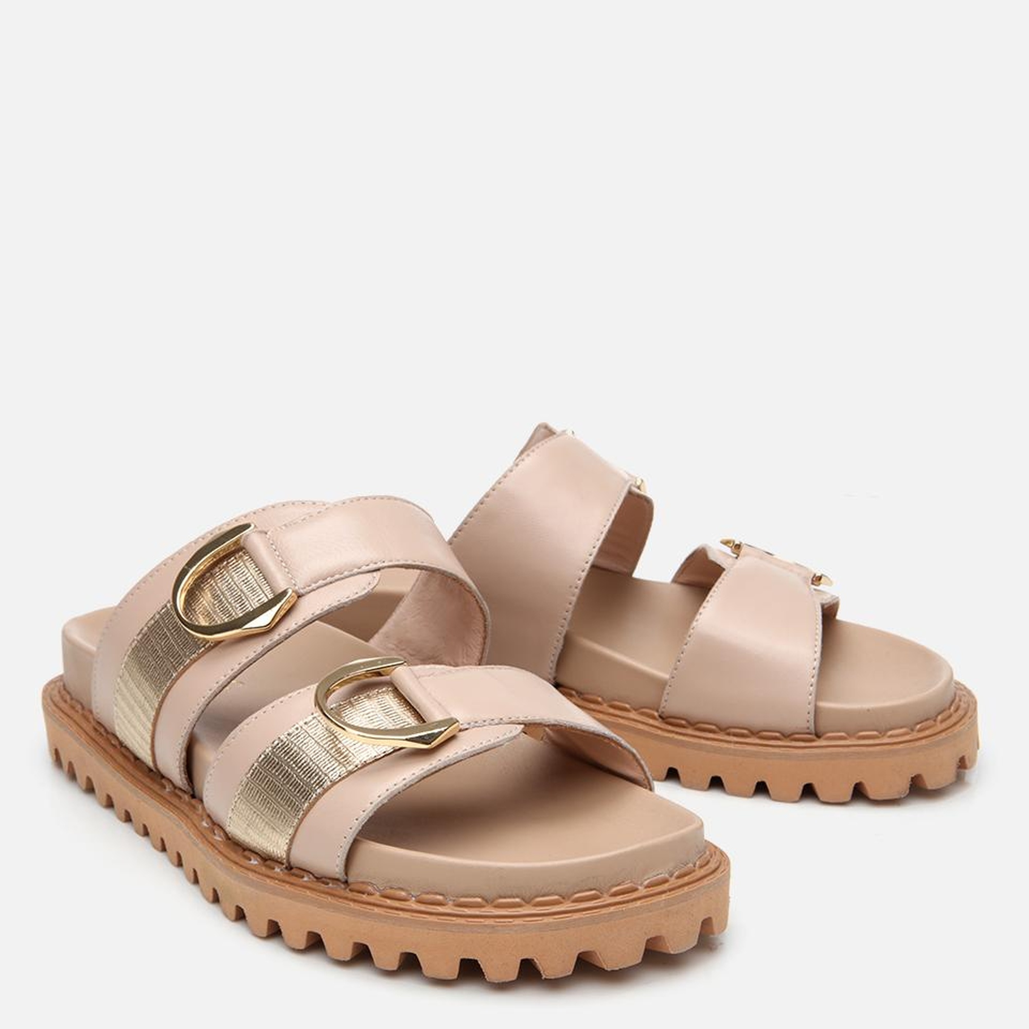 Kadın Deri Bej Tokalı Düz Terlik