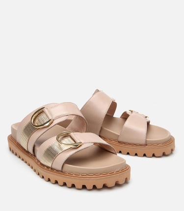  Kadın Deri Bej Tokalı Düz Terlik