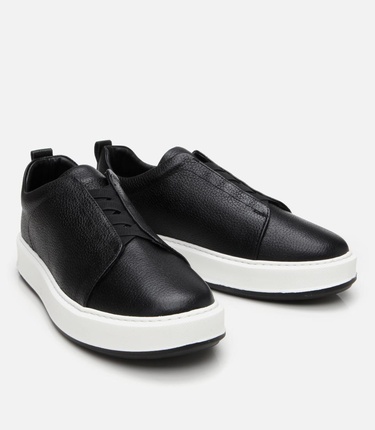  Erkek Deri Siyah Lastik Detaylı Spor Ayakkabı