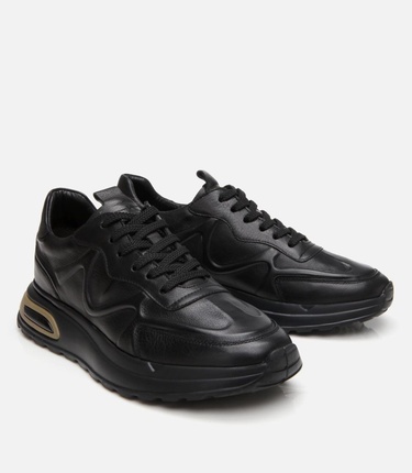  Erkek Deri Siyah Kalın Tabanlı Spor Ayakkabı