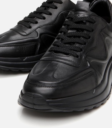  Erkek Deri Siyah Kalın Tabanlı Spor Ayakkabı