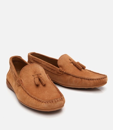  Erkek Süet Deri Taba Püskül Detaylı Günlük Loafer