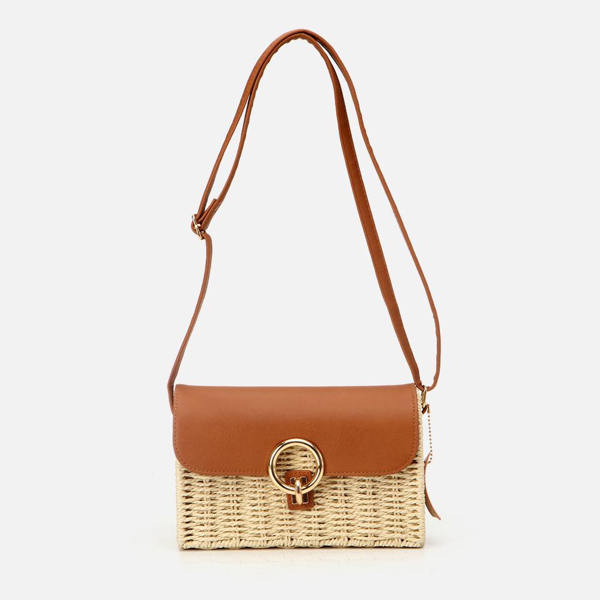 Kadın Hasır Bej Kilit Detaylı Çapraz Çanta