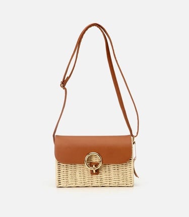  Kadın Hasır Bej Kilit Detaylı Çapraz Çanta