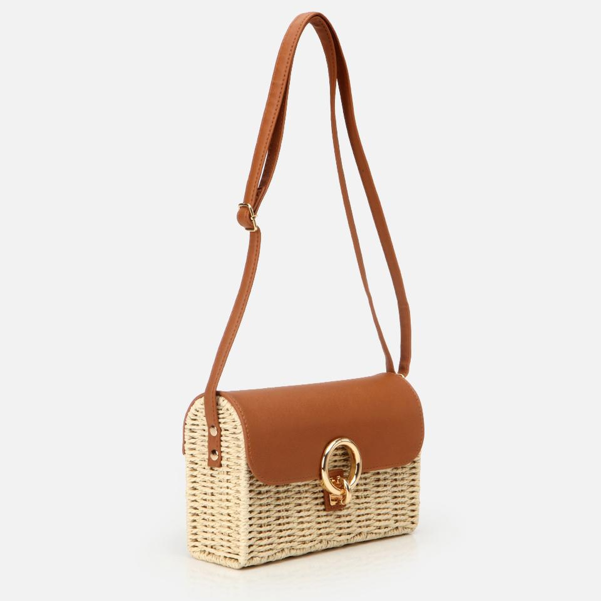 Kadın Hasır Bej Kilit Detaylı Çapraz Çanta