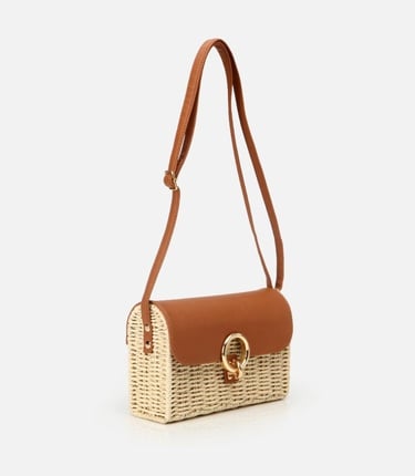  Kadın Hasır Bej Kilit Detaylı Çapraz Çanta