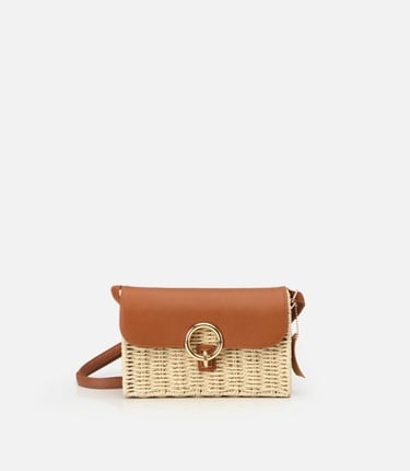  Kadın Hasır Bej Kilit Detaylı Çapraz Çanta