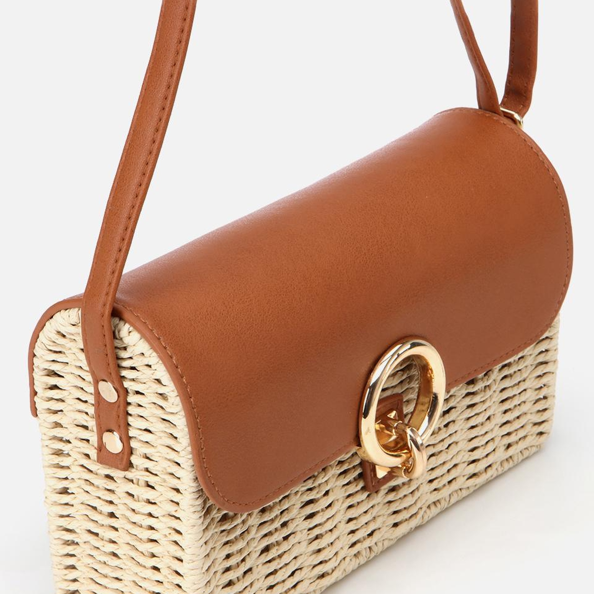 Kadın Hasır Bej Kilit Detaylı Çapraz Çanta