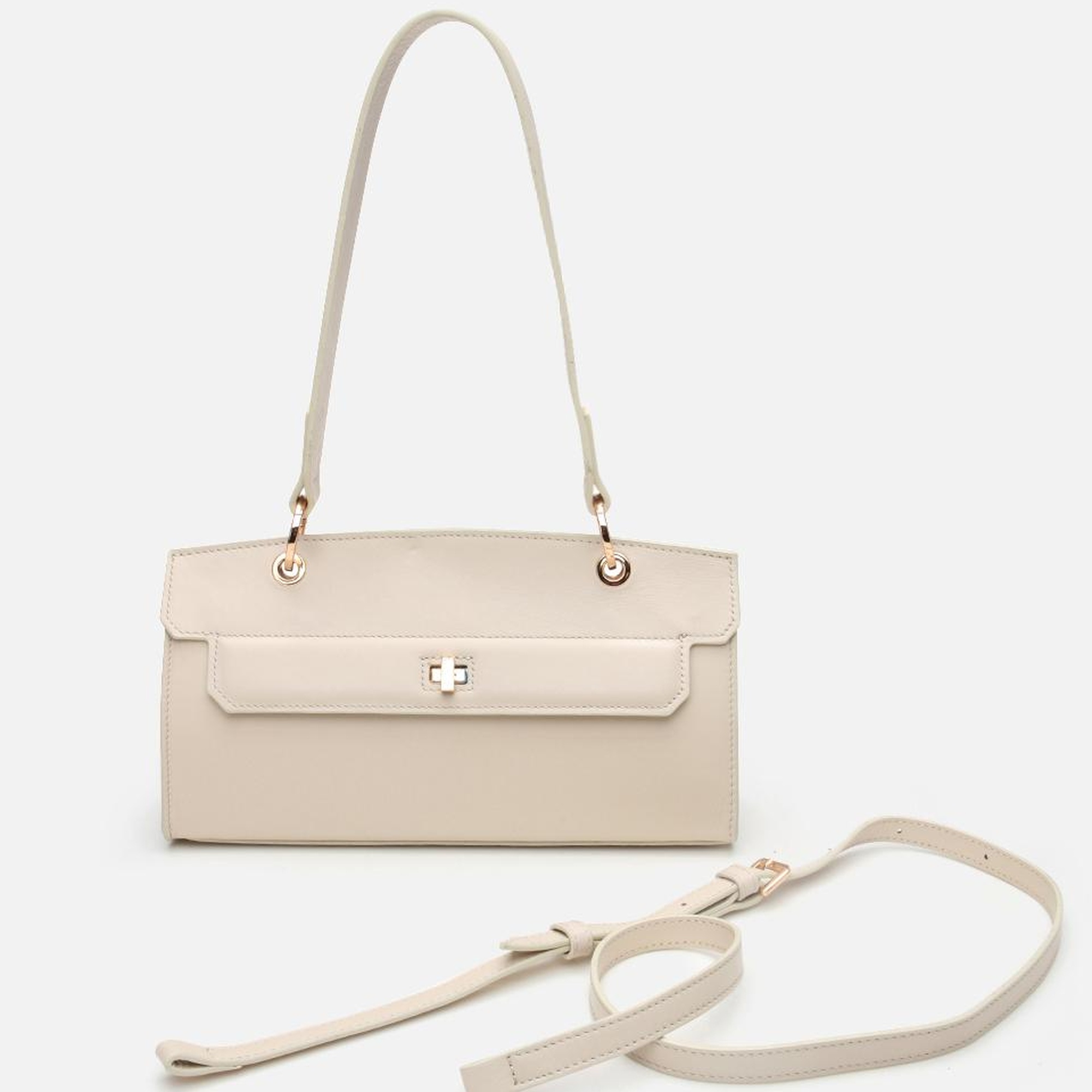 Kadın Deri Ekru Kilit Detaylı Omuz çantası