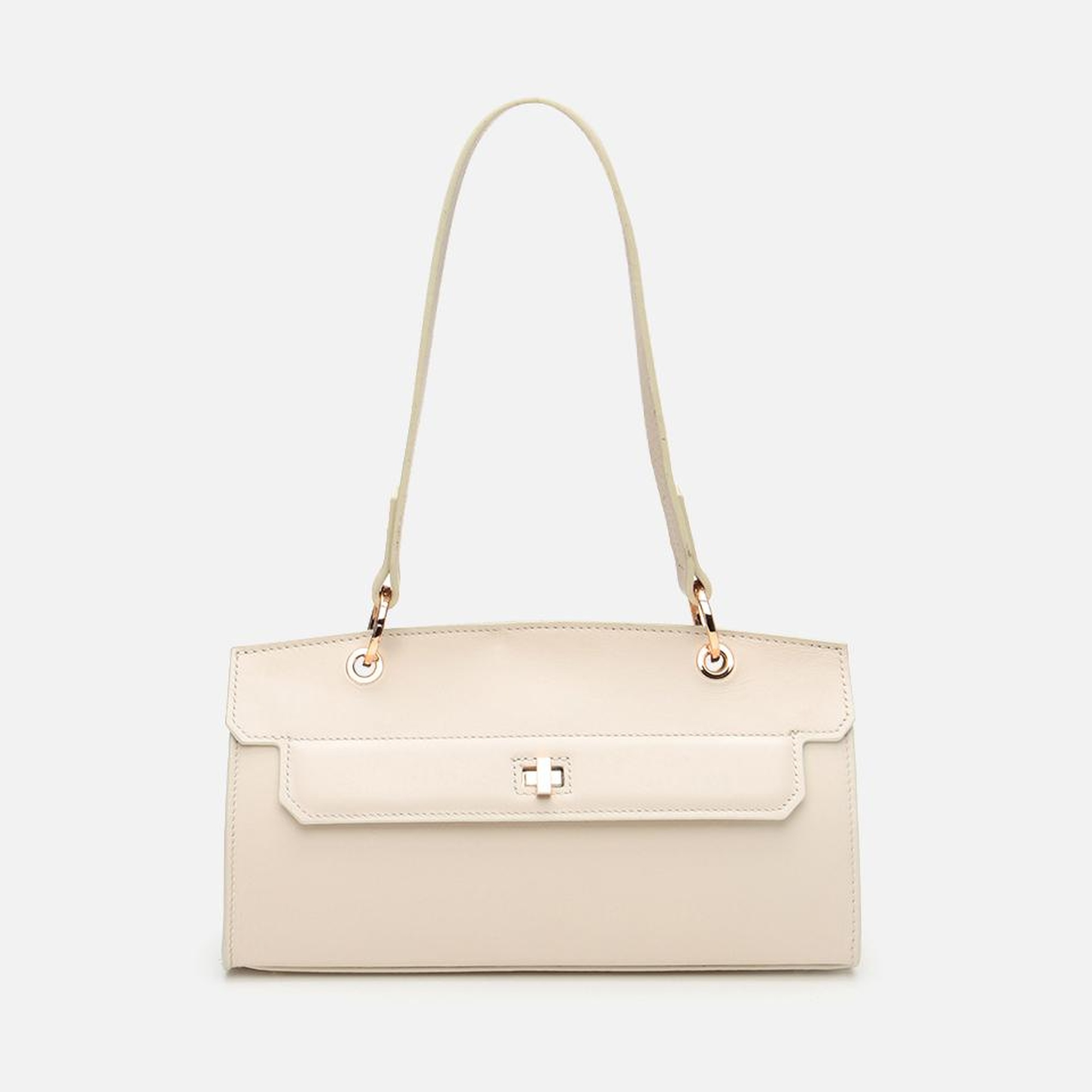 Kadın Deri Ekru Kilit Detaylı Omuz çantası