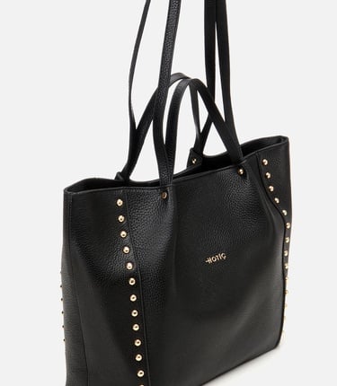  Kadın Deri Siyah Zımba Detaylı Tote Çanta