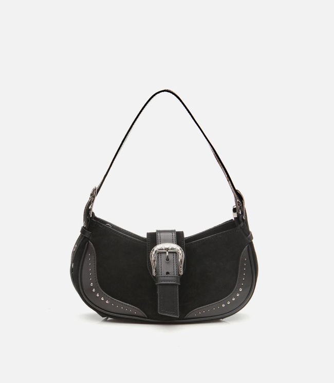  Kadın Süet Deri Siyah Toka Detaylı Omuz Çantası