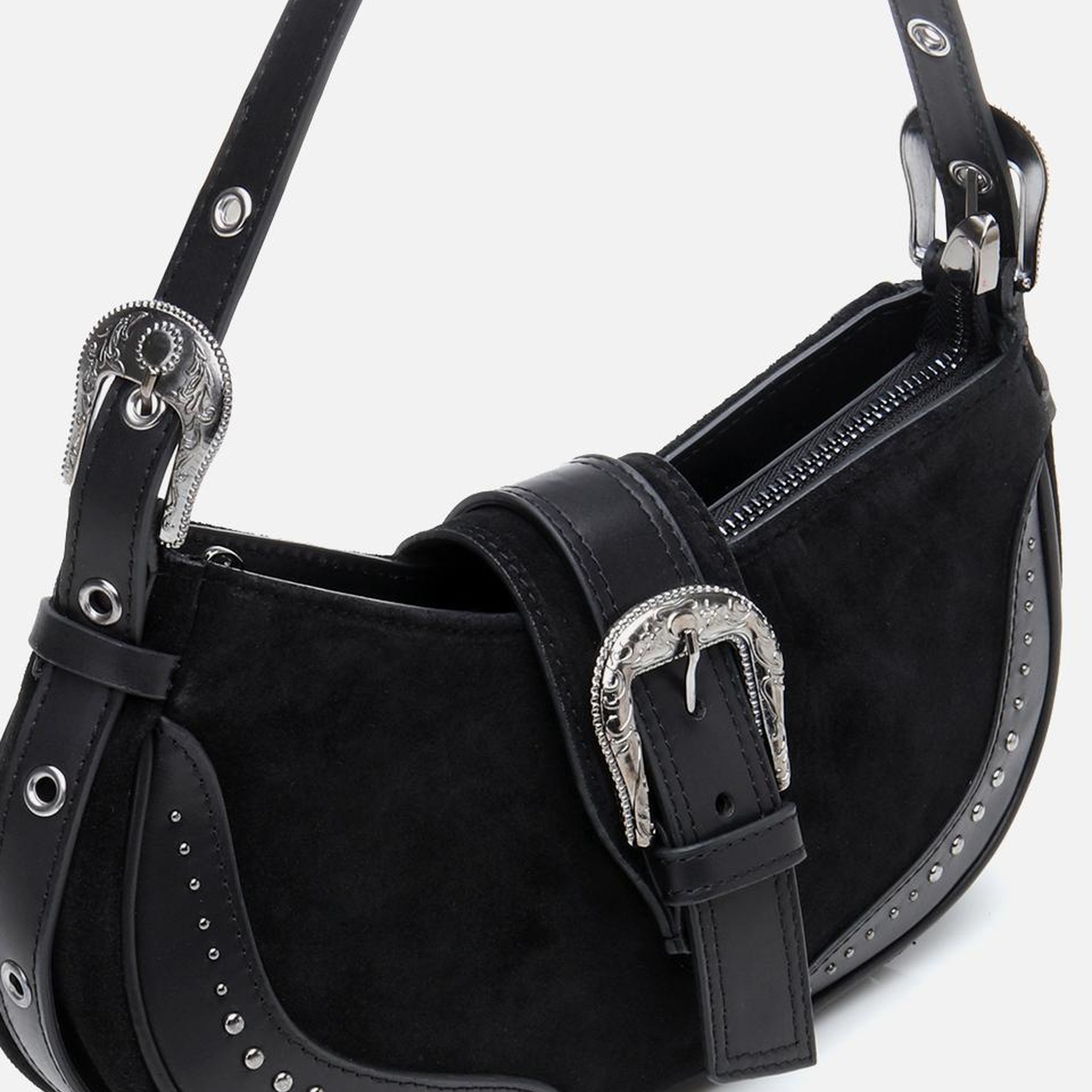 Kadın Süet Deri Siyah Toka Detaylı Omuz Çantası