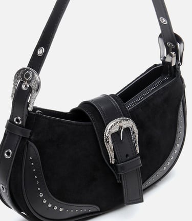  Kadın Süet Deri Siyah Toka Detaylı Omuz Çantası