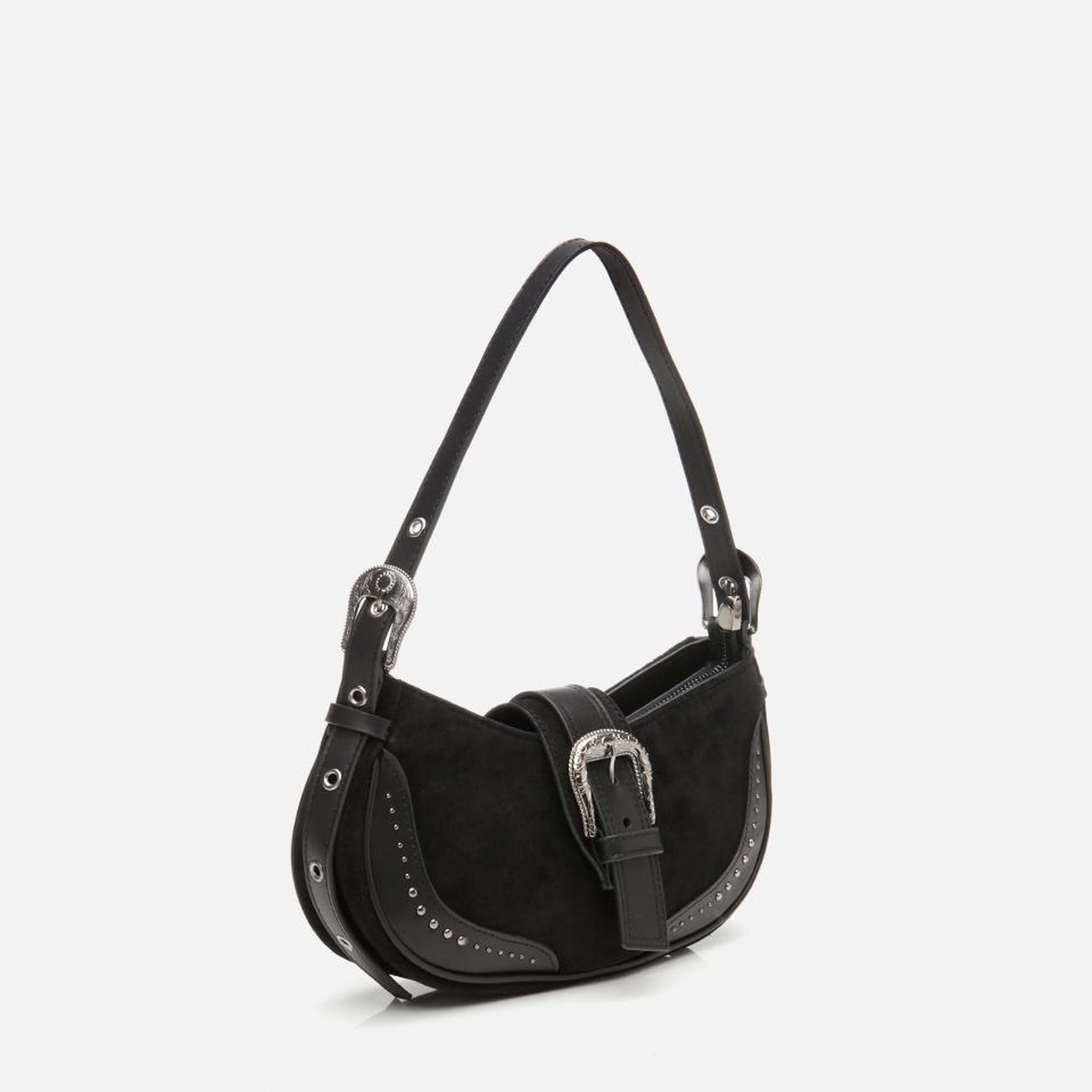 Kadın Süet Deri Siyah Toka Detaylı Omuz Çantası