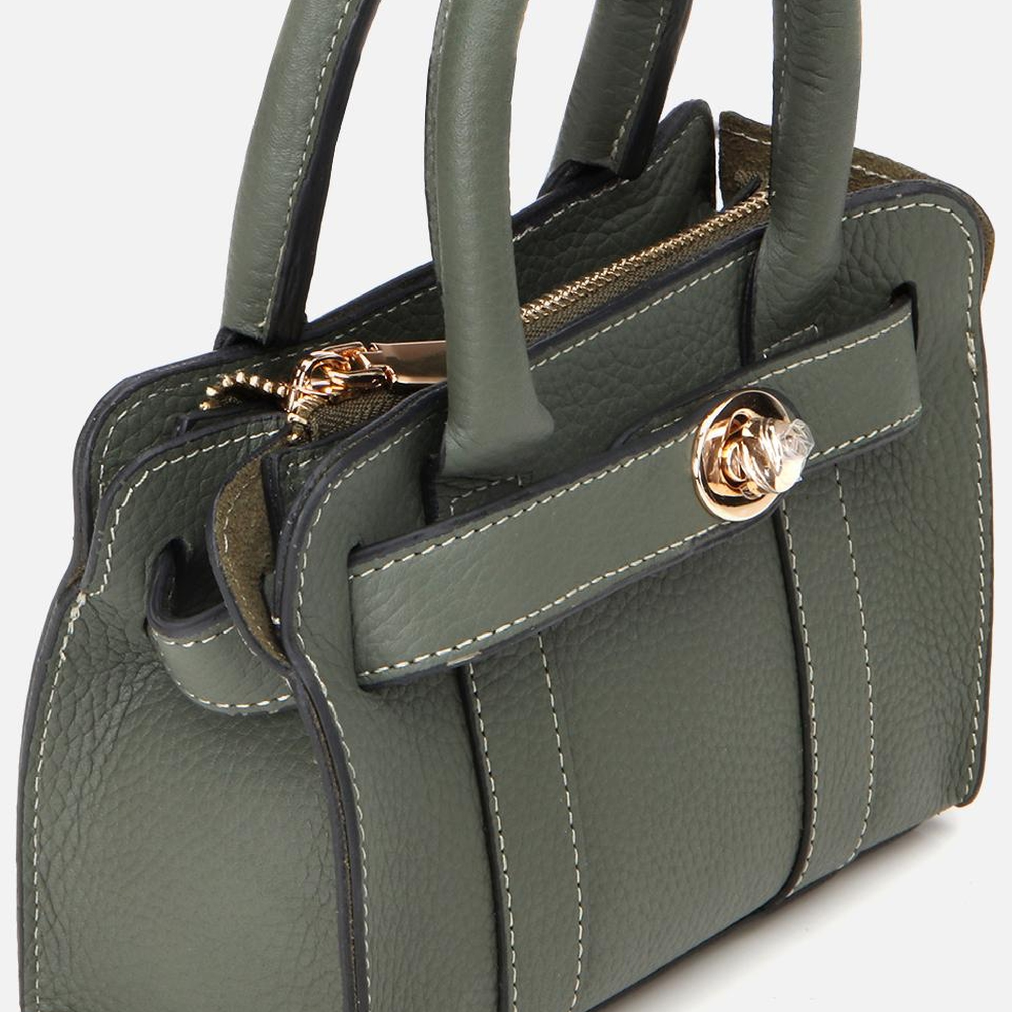 Kadın Deri Haki Kilit Detaylı Mini Çanta