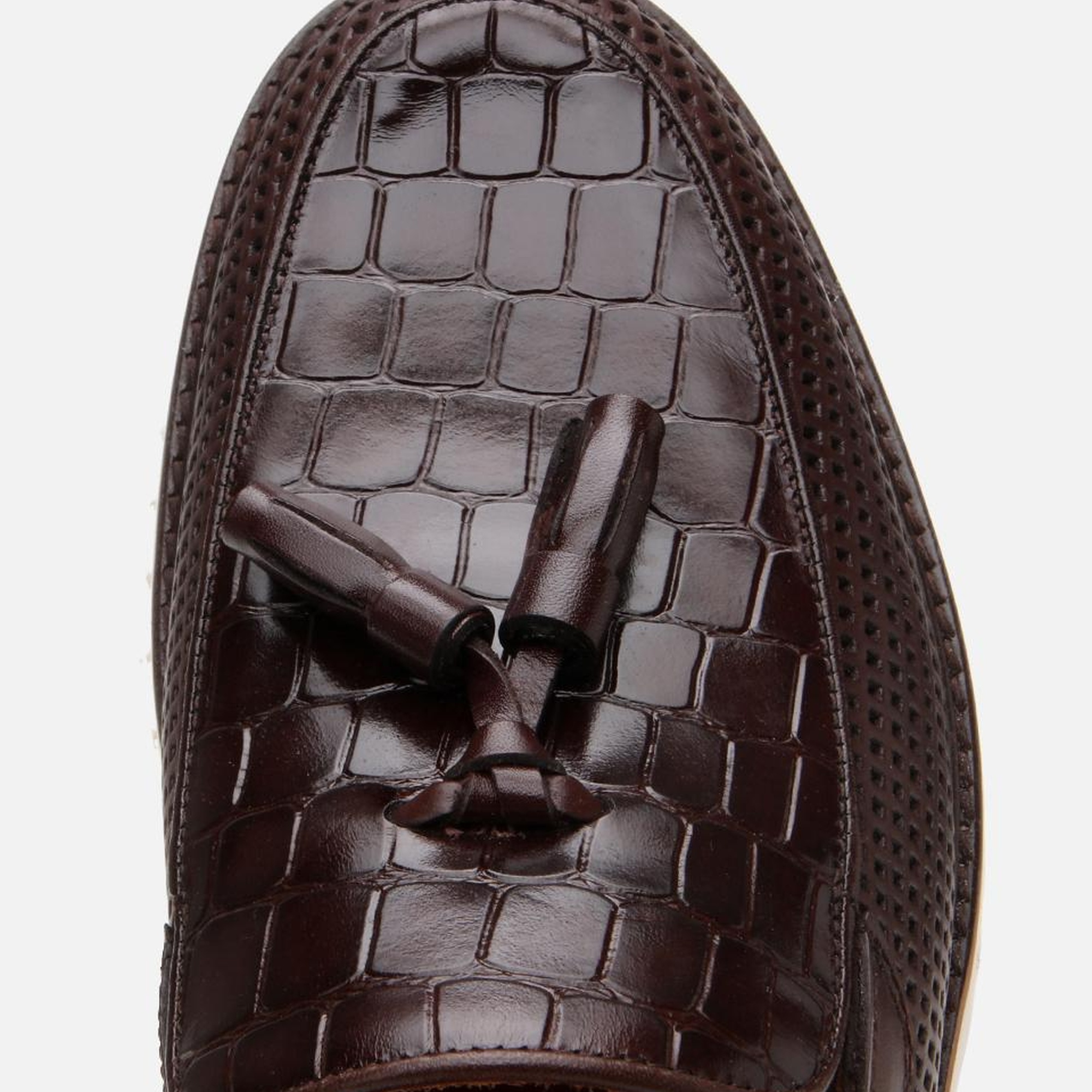 Erkek Deri Kahverengi Kroko Desenli Püskül Detaylı Günlük Loafer