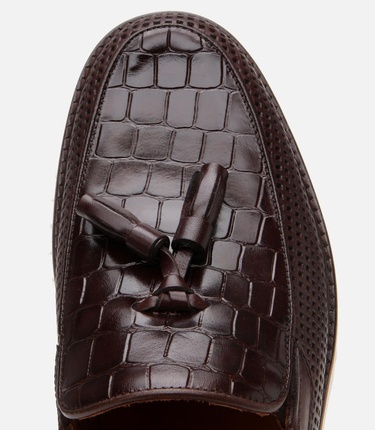  Erkek Deri Kahverengi Kroko Desenli Püskül Detaylı Günlük Loafer