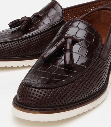  Erkek Deri Kahverengi Kroko Desenli Püskül Detaylı Günlük Loafer