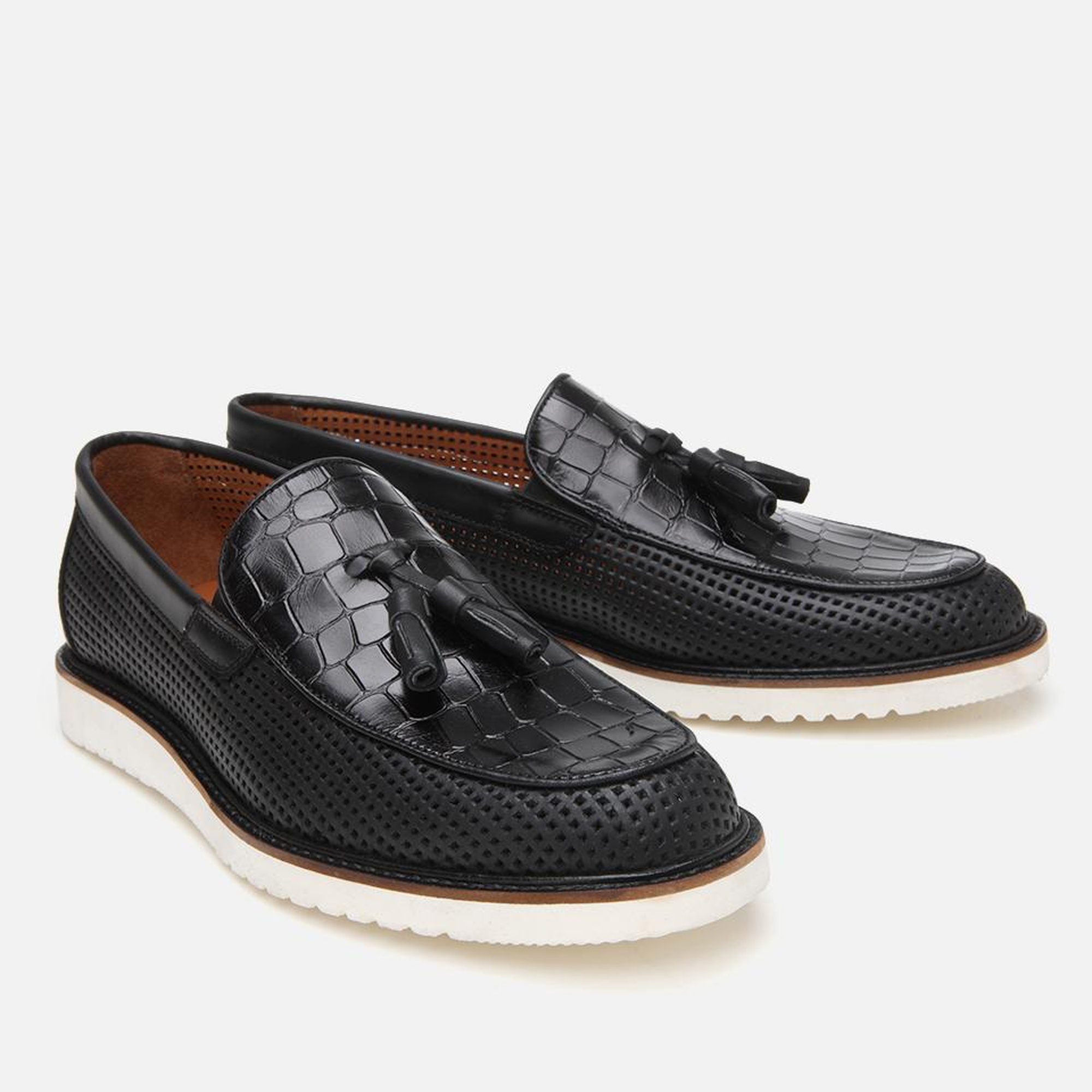 Erkek Deri Siyah Kroko Desenli Püskül Detaylı Günlük Loafer