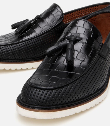  Erkek Deri Siyah Kroko Desenli Püskül Detaylı Günlük Loafer