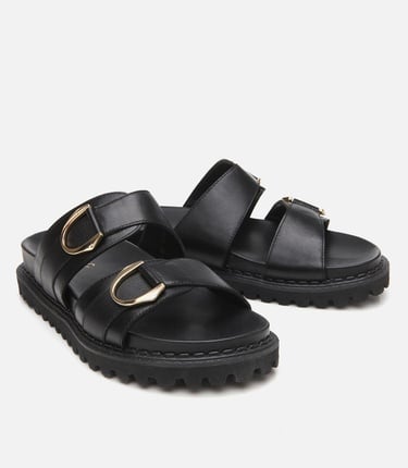  Kadın Deri Siyah Tokalı Düz Terlik