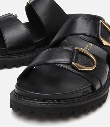  Kadın Deri Siyah Tokalı Düz Terlik