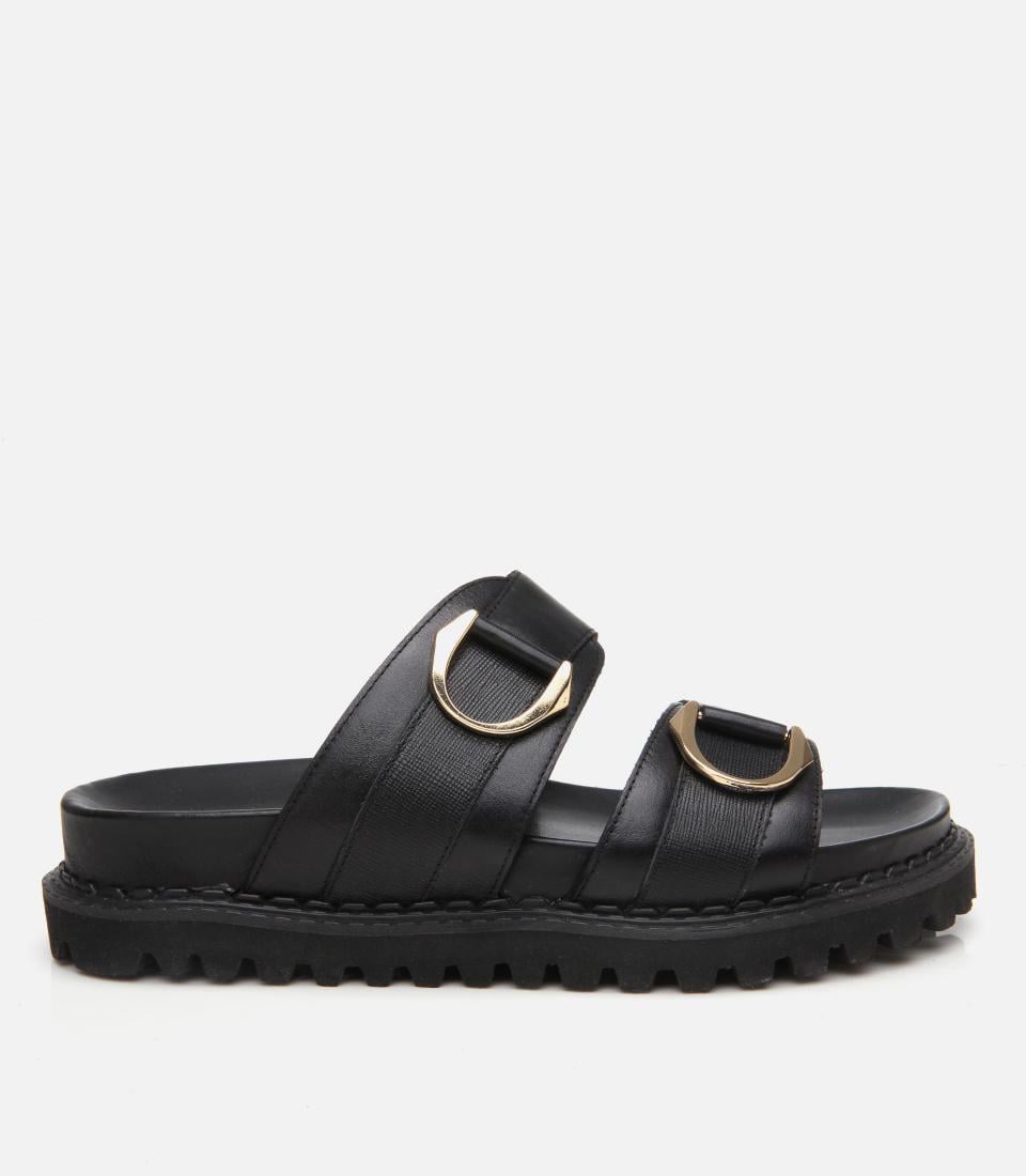  Kadın Deri Siyah Tokalı Düz Terlik