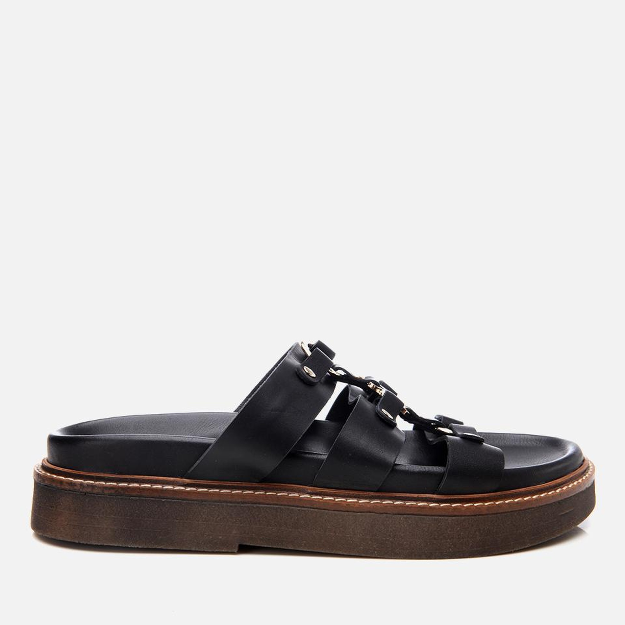 Kadın Deri Siyah Tokalı Düz Terlik