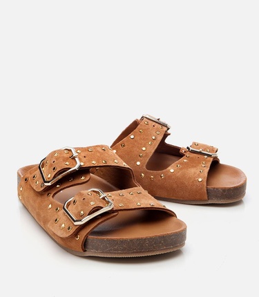  Kadın Süet Deri Taba Taşlı Terlik