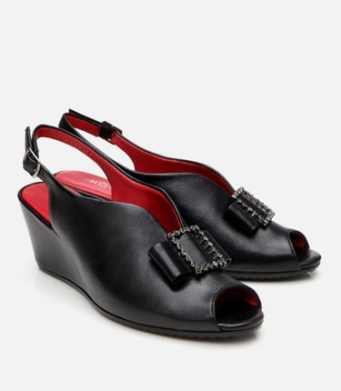  Kadın Deri Siyah Tokalı Esnek Dolgu Topuklu Sandalet