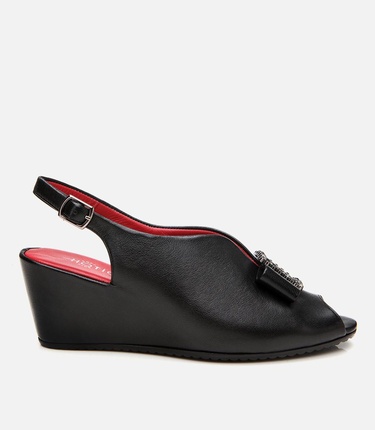  Kadın Deri Siyah Tokalı Esnek Dolgu Topuklu Sandalet