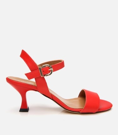  Kadın Deri Kırmızı Kemerli Topuklu Sandalet