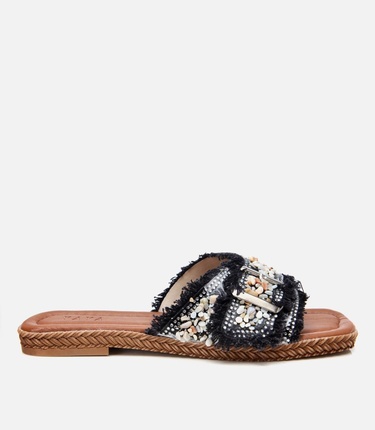  Kadın Siyah Yaya Taşlı Terlik