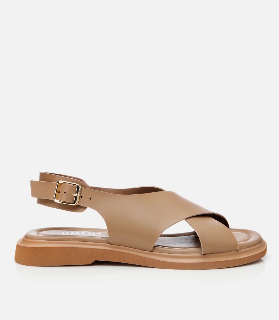  Kadın Deri Bej Kemerli Düz Sandalet