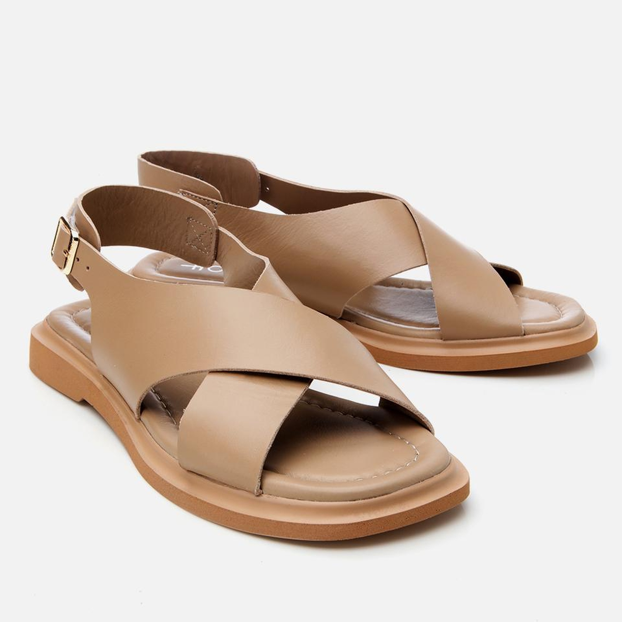 Kadın Deri Bej Kemerli Düz Sandalet