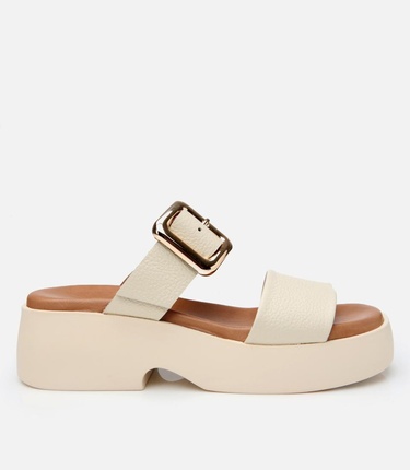  Kadın Deri Bej Kemerli Topuklu Terlik