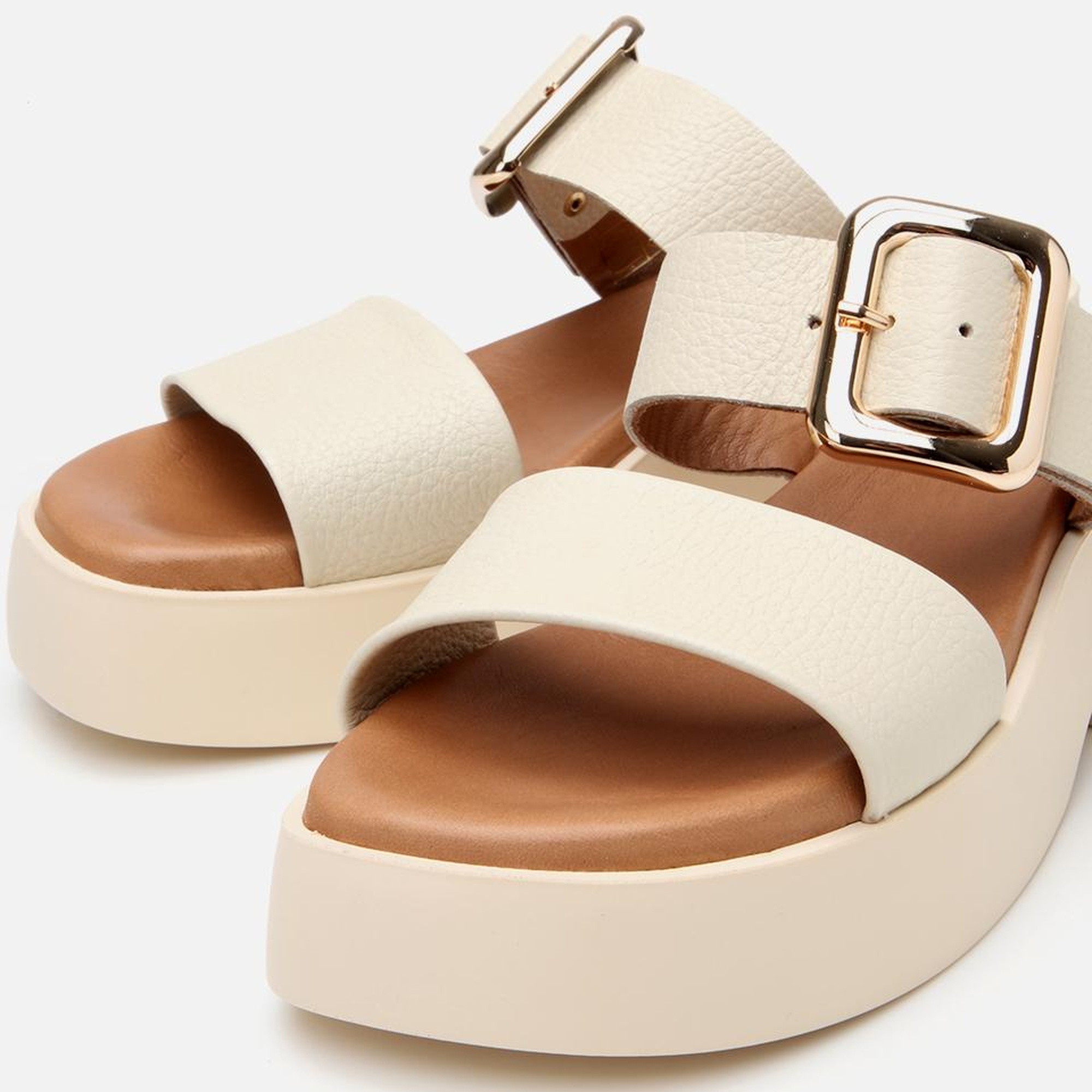 Kadın Deri Bej Kemerli Topuklu Terlik