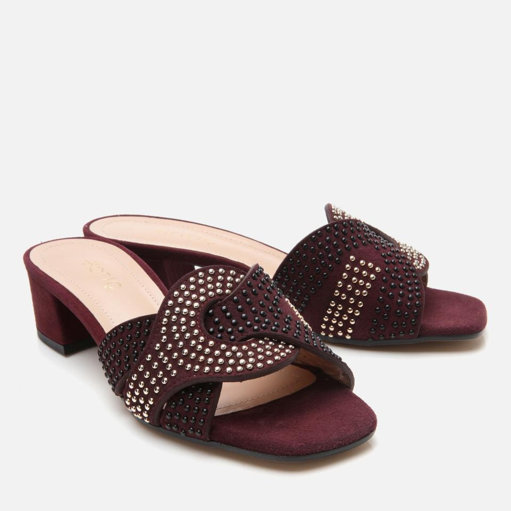 Kadın Süet Deri Bordo Taşlı Topuklu Terlik