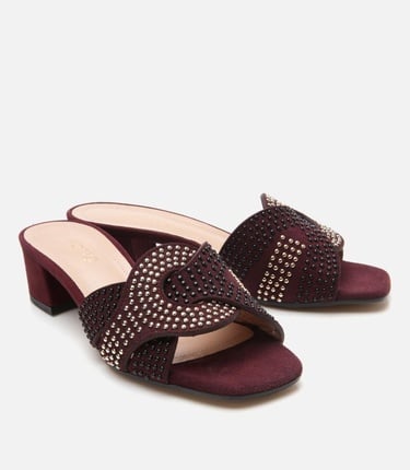  Kadın Süet Deri Bordo Taşlı Topuklu Terlik