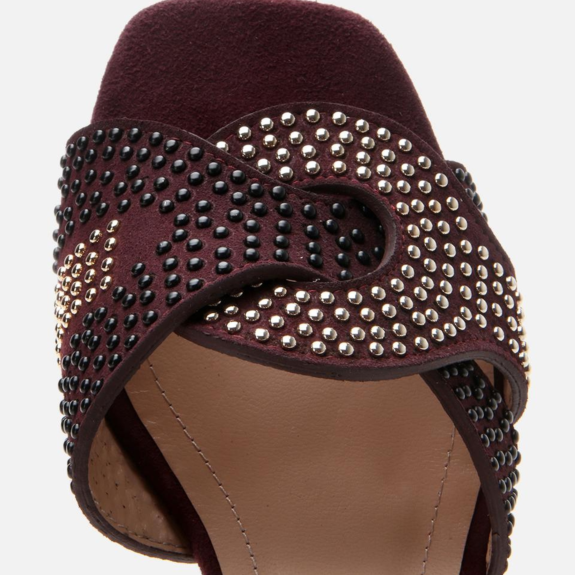 Kadın Süet Deri Bordo Taşlı Topuklu Terlik