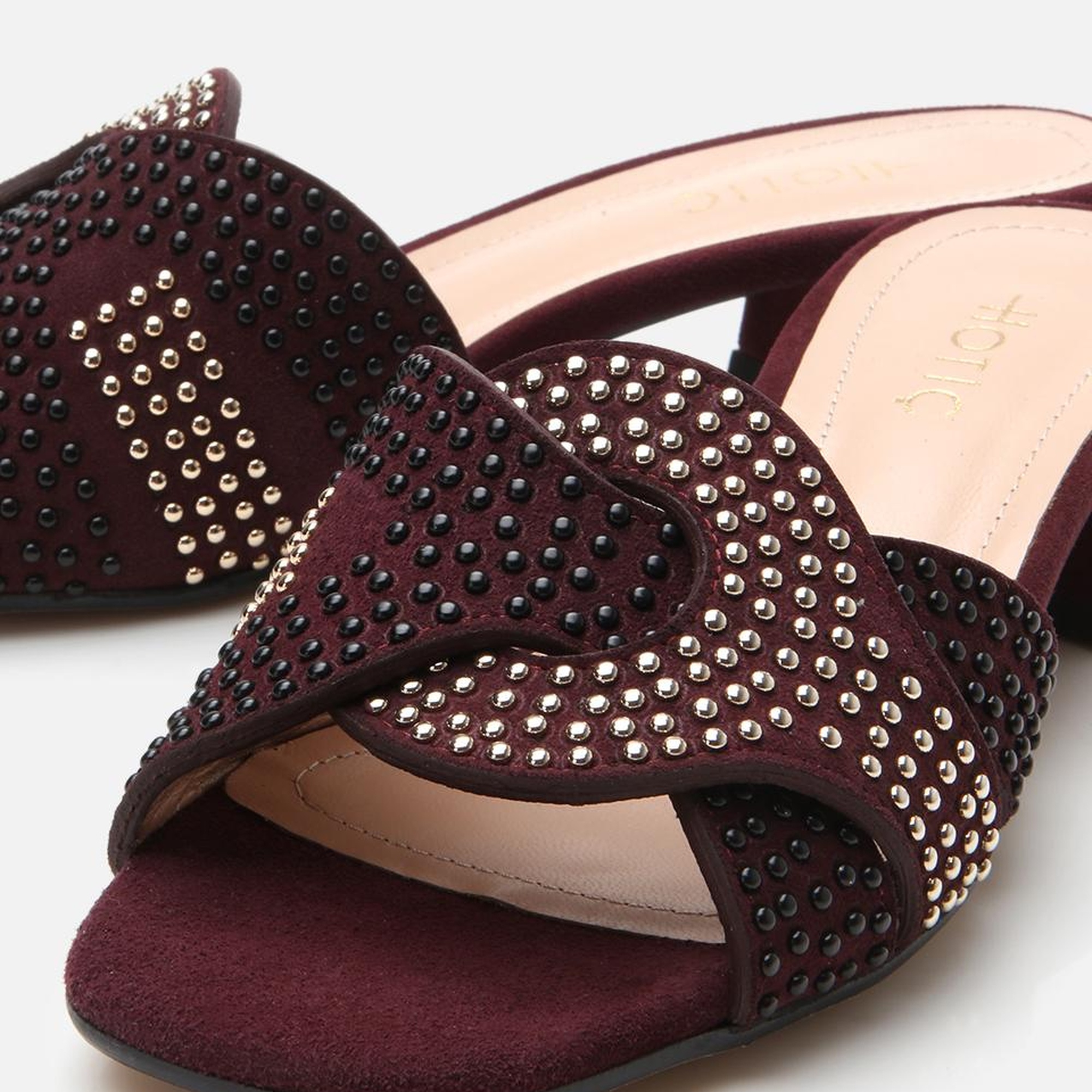 Kadın Süet Deri Bordo Taşlı Topuklu Terlik