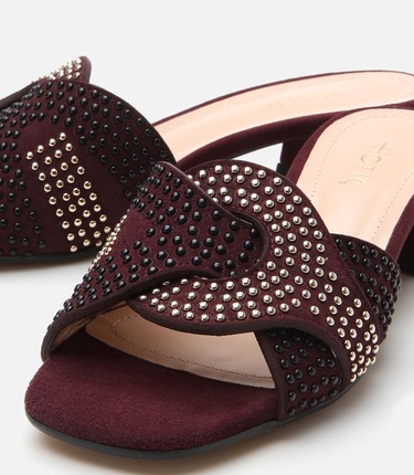  Kadın Süet Deri Bordo Taşlı Topuklu Terlik